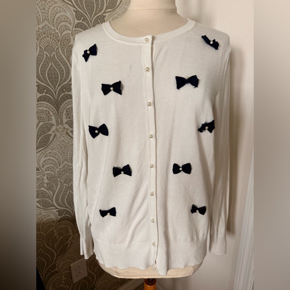 Charter Club Sweaters - Women's White Sweater with Navy Bow Accents